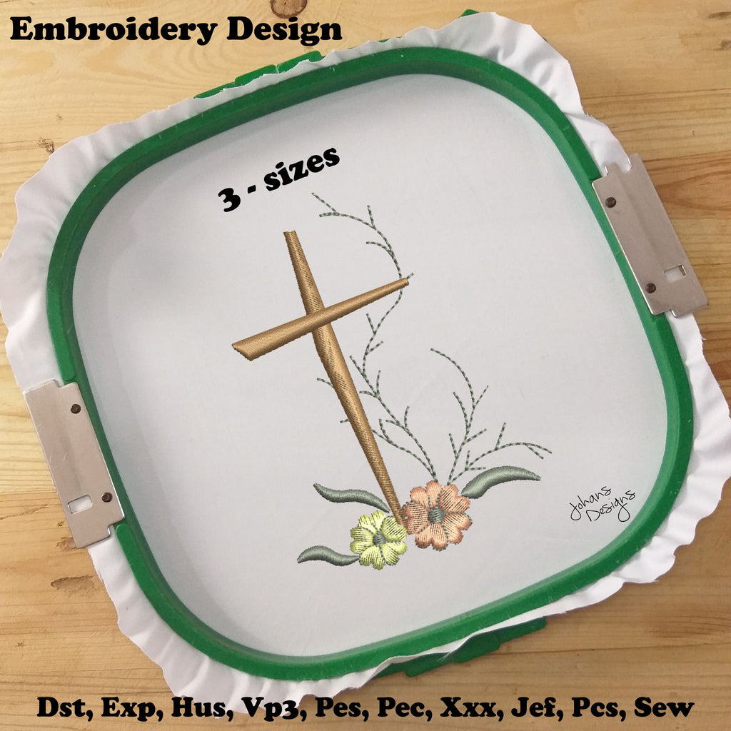 Cruz con hojas y flores - Diseño de bordado