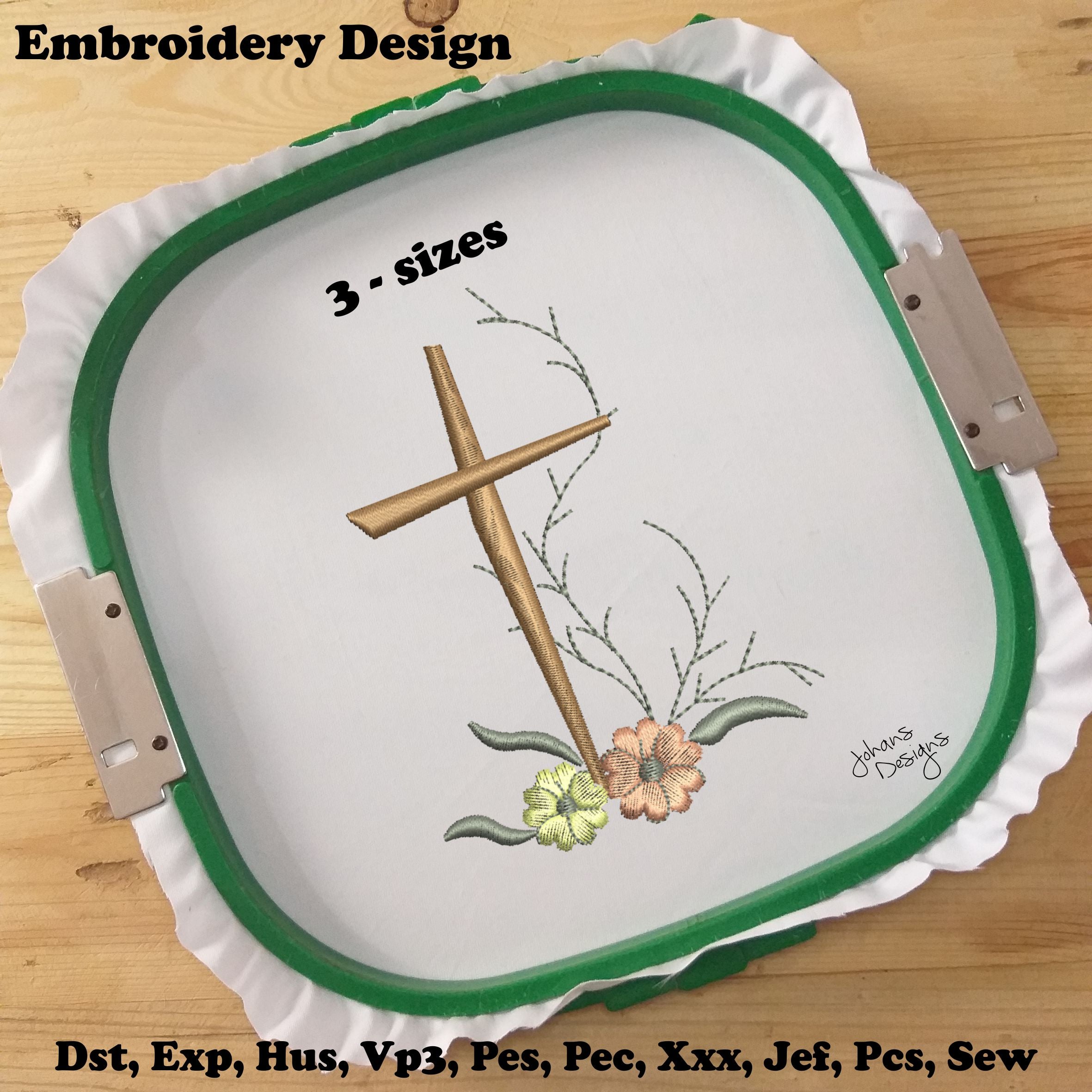 Cruz con hojas y flores - Diseño de bordado