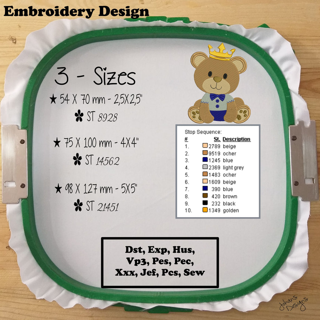 Sitting Baby Teddy Bear with Crown - Machine Embroidery Design