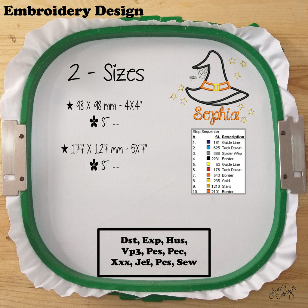 Applique Cute Witch Hat + Name - Embroidery Designs