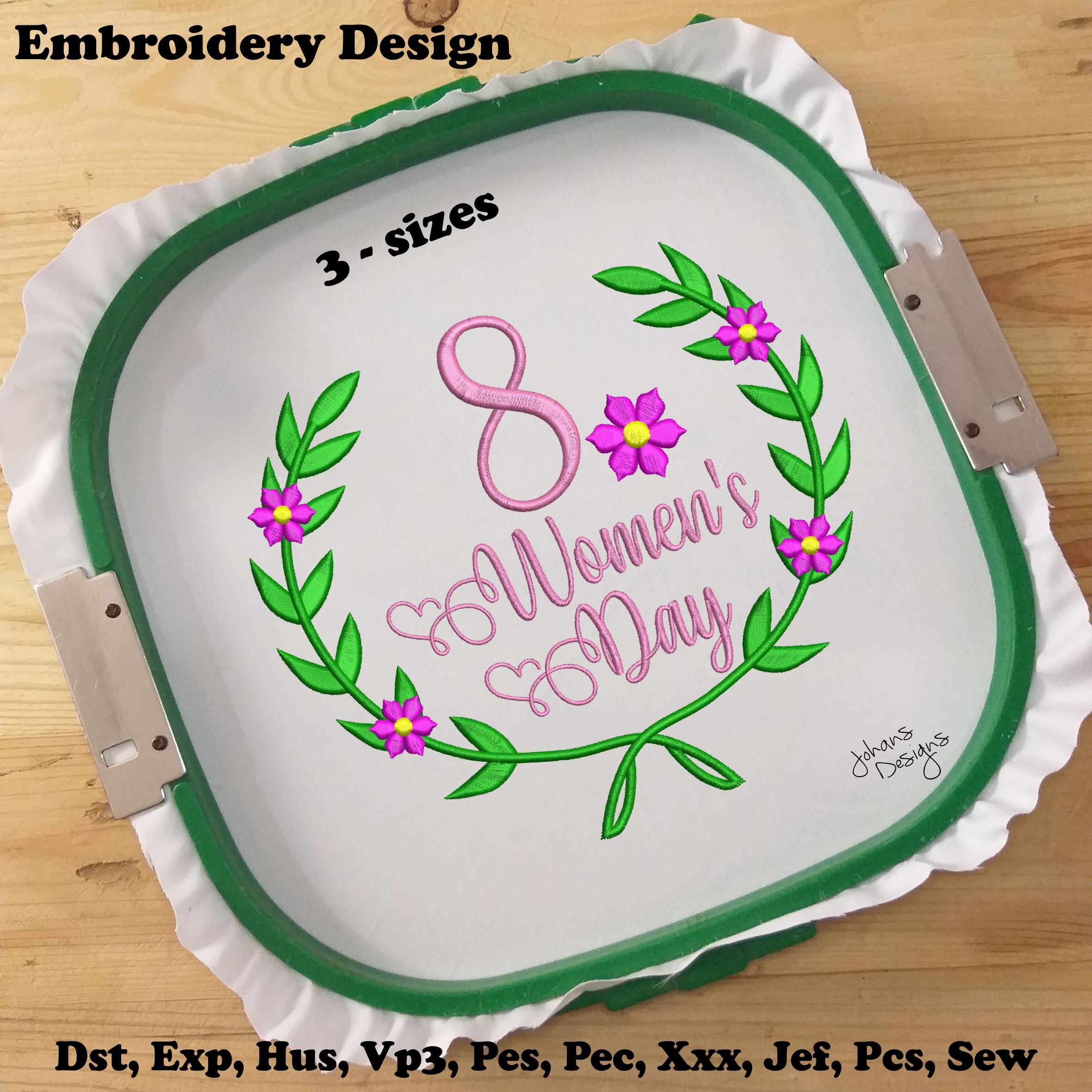 Diseño de bordado a máquina Día de la Mujer con un ocho y flores magenta