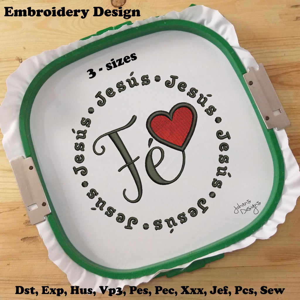 Fe Texto con Corazón - Decorativo en Círculos - Jesús - Diseño de Bordado a Máquina