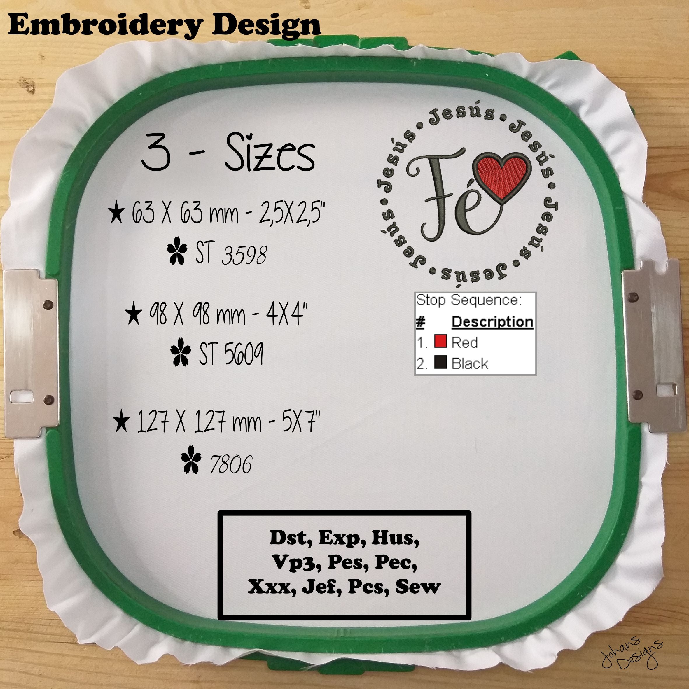 Fe Texto con Corazón - Decorativo en Círculos - Jesús - Diseño de Bordado a Máquina