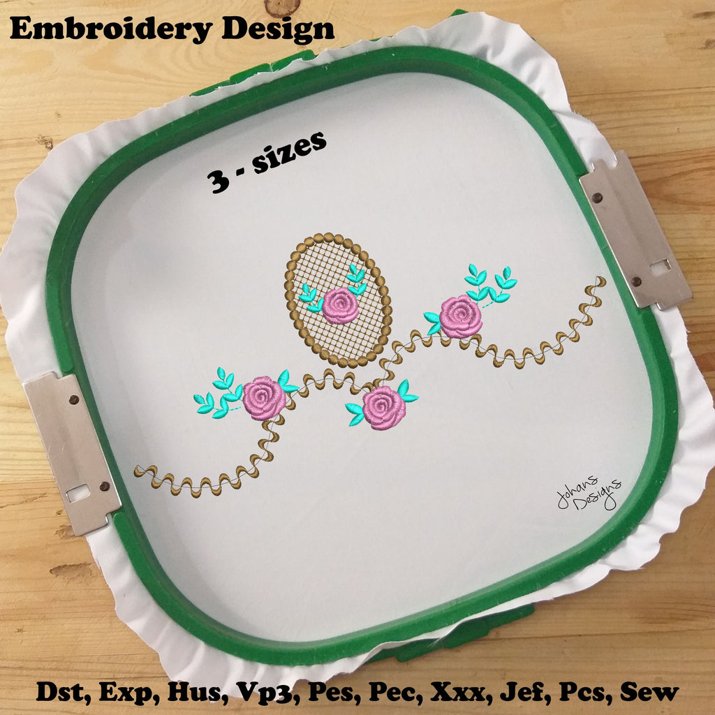 Flowers and Decorative Ellipse Frame - Machine Embroidery Design