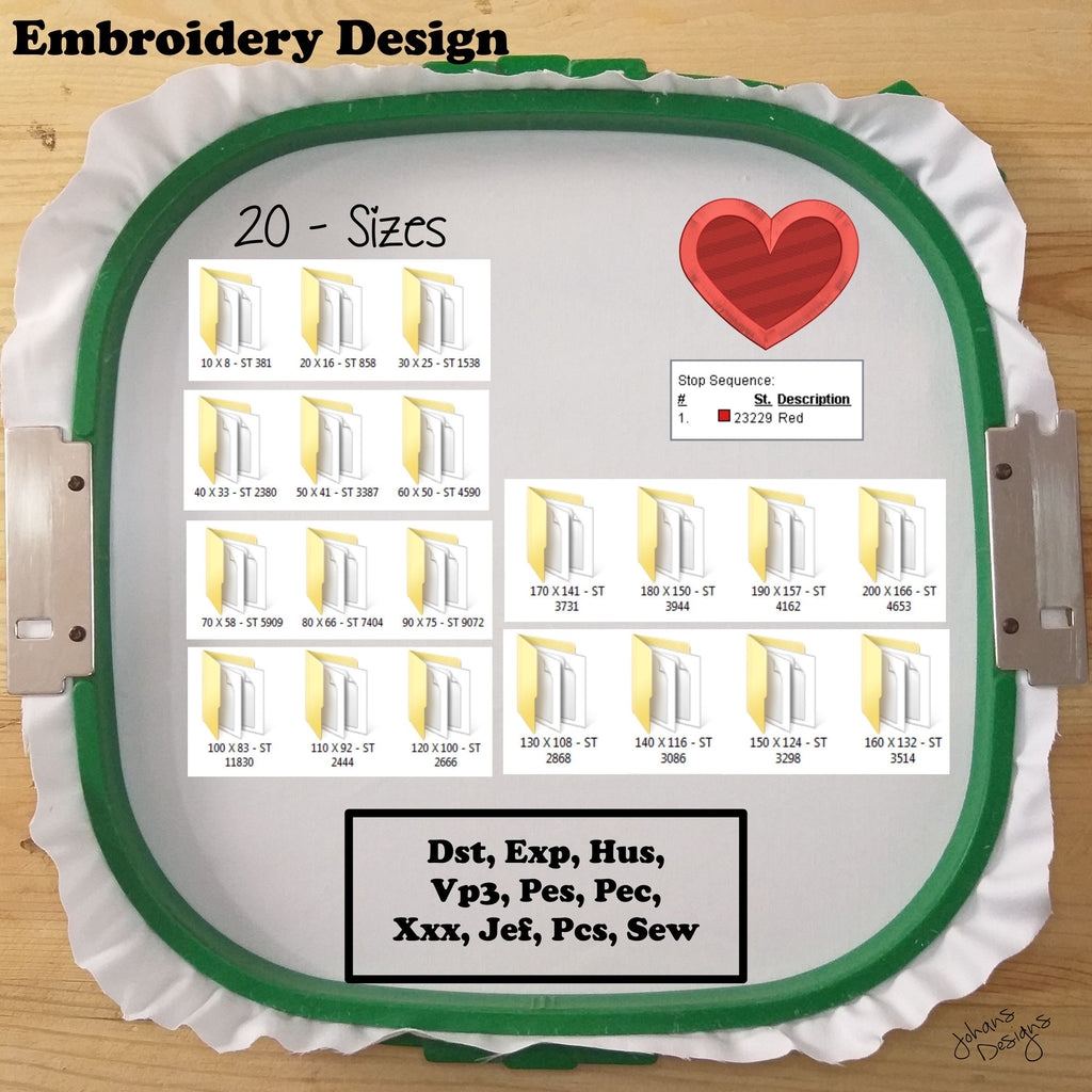 Heart Shape Machine Embroidery Design Fill Stitch and Applique - 20 Sizes