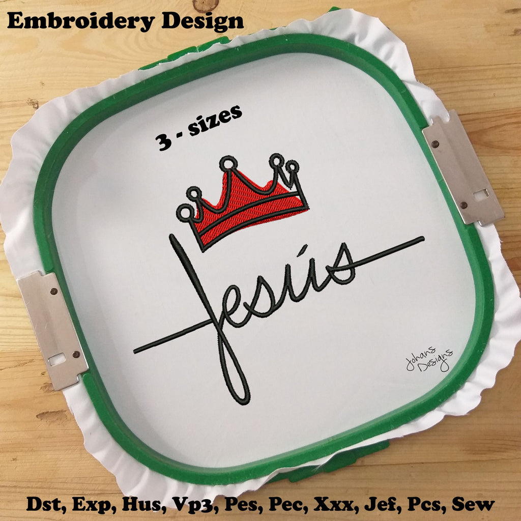 Nombre de Jesús como cruz con una corona - Diseño de bordado a máquina