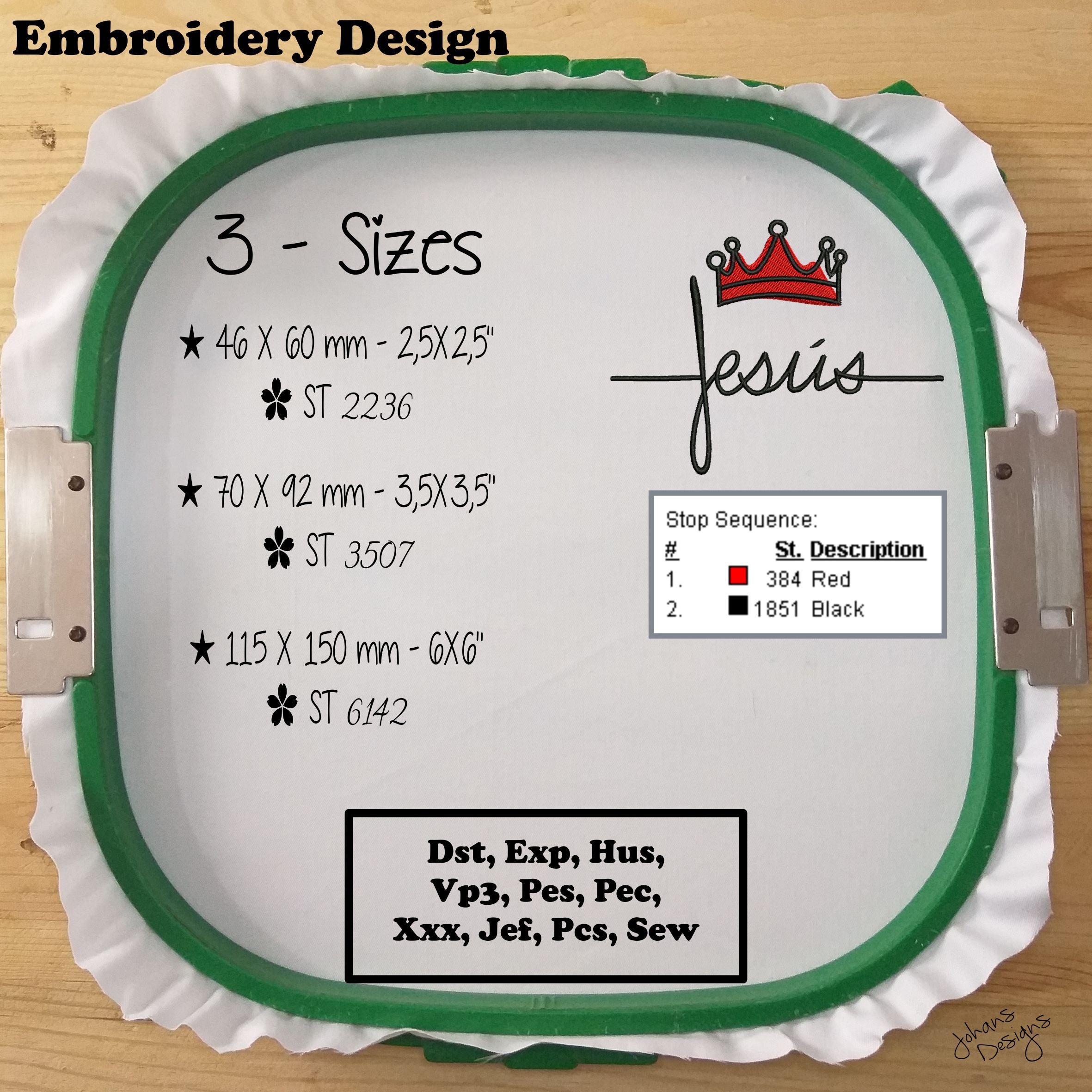 Nombre de Jesús como cruz con una corona - Diseño de bordado a máquina