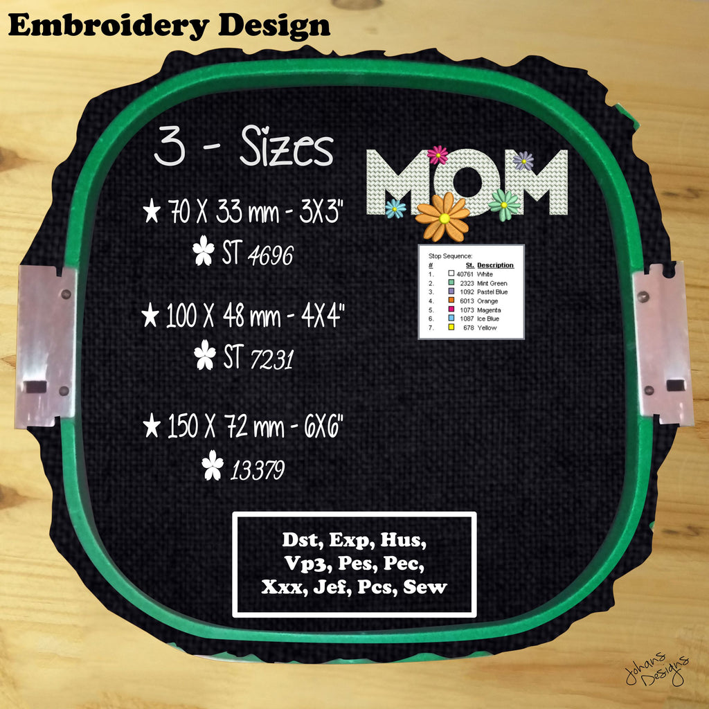 Mom Text With Texture and Flowers - Machine Embroidery Design