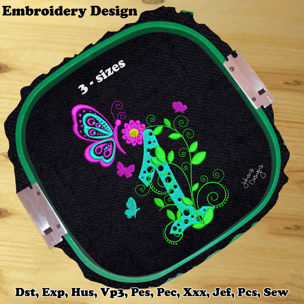 Number One Decorated with Branches Flowers and Butterflies - Machine Embroidery Design