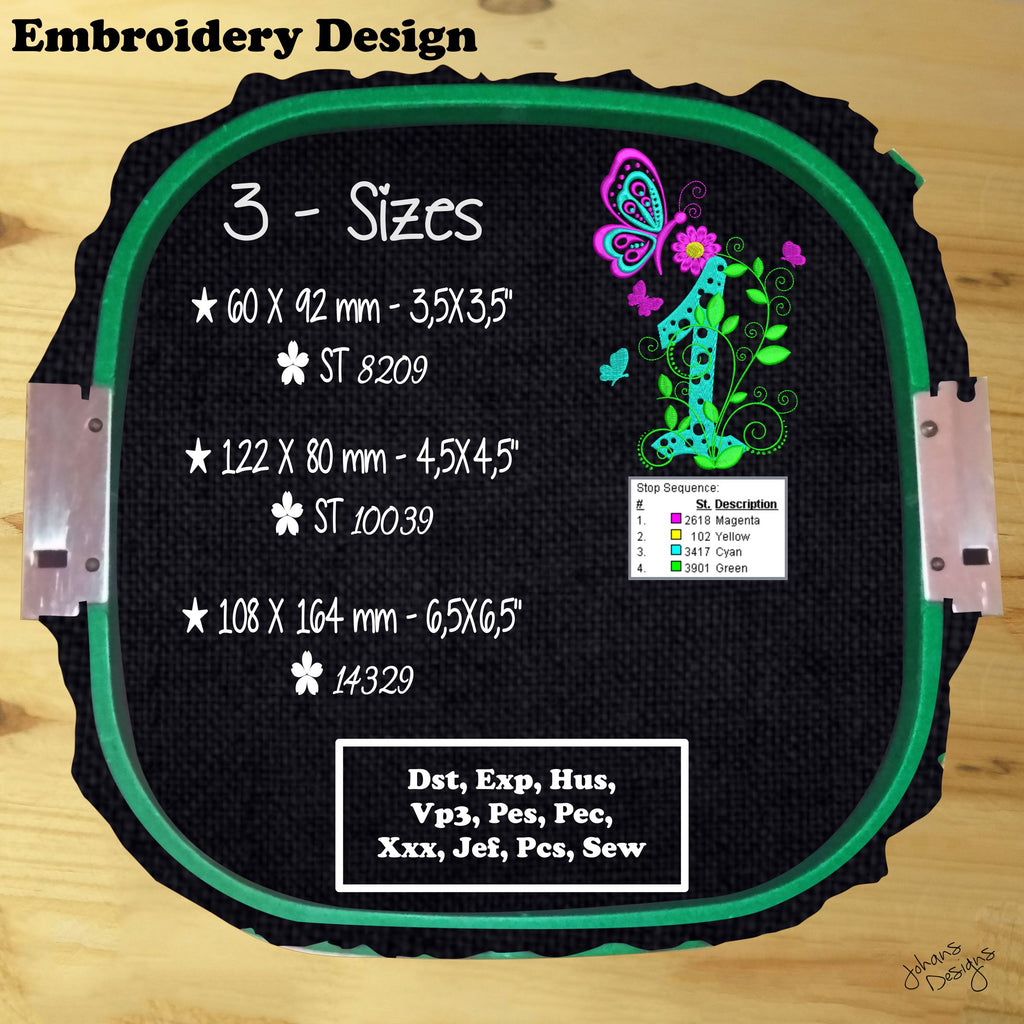 Number One Decorated with Branches Flowers and Butterflies - Machine Embroidery Design