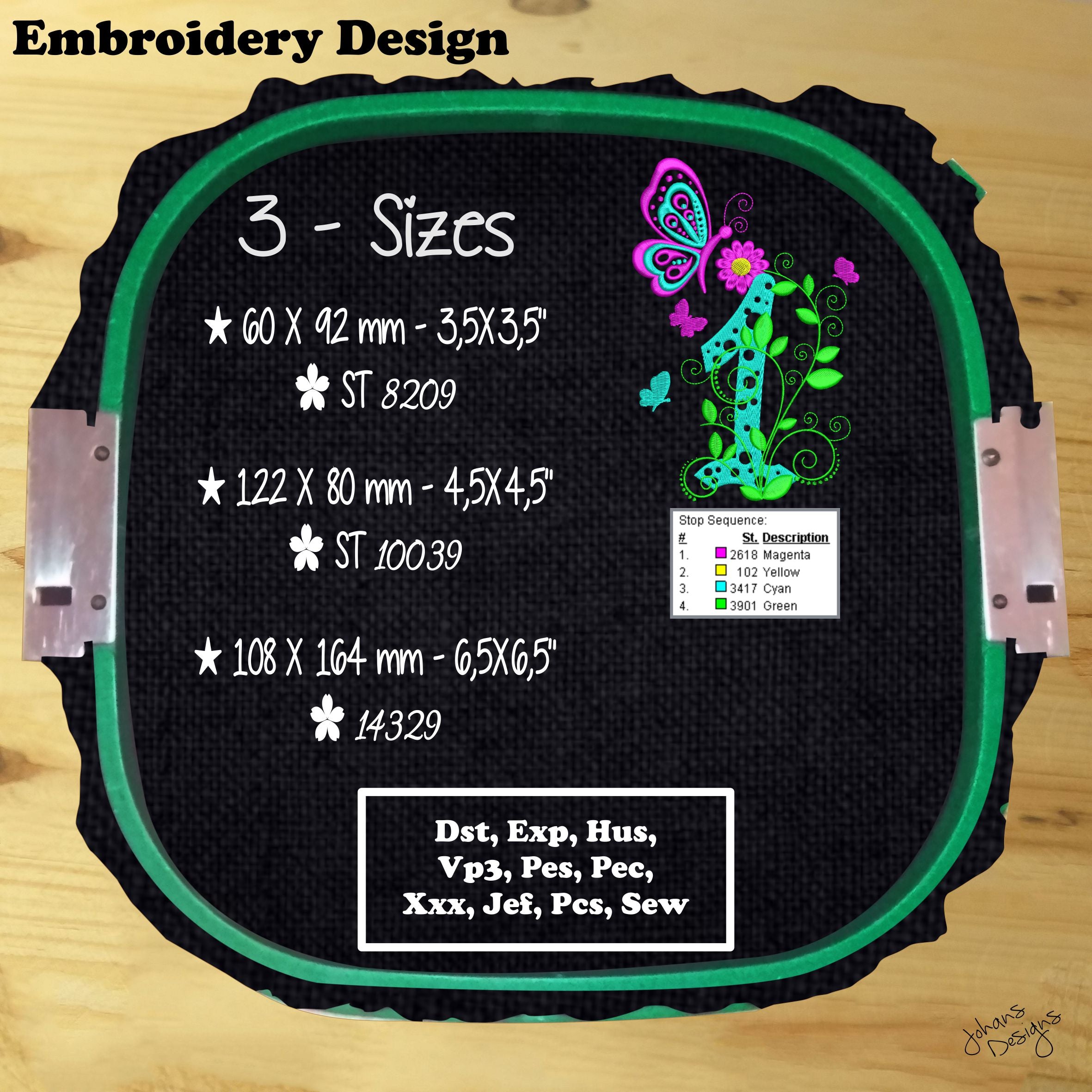 Number One Decorated with Branches Flowers and Butterflies - Machine Embroidery Design