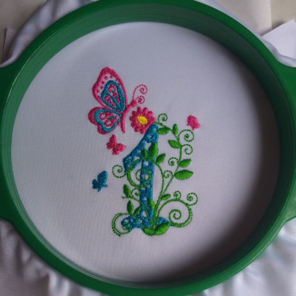 Number One Decorated with Branches Flowers and Butterflies - Machine Embroidery Design