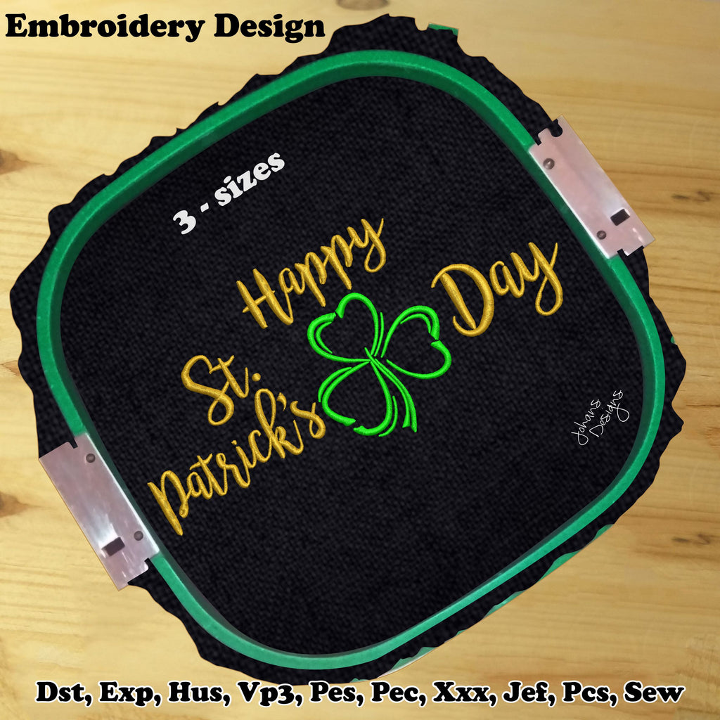 Happy Saint Patrick's Day Text, with Green Clover in Silhouettes - Machine Embroidery Design