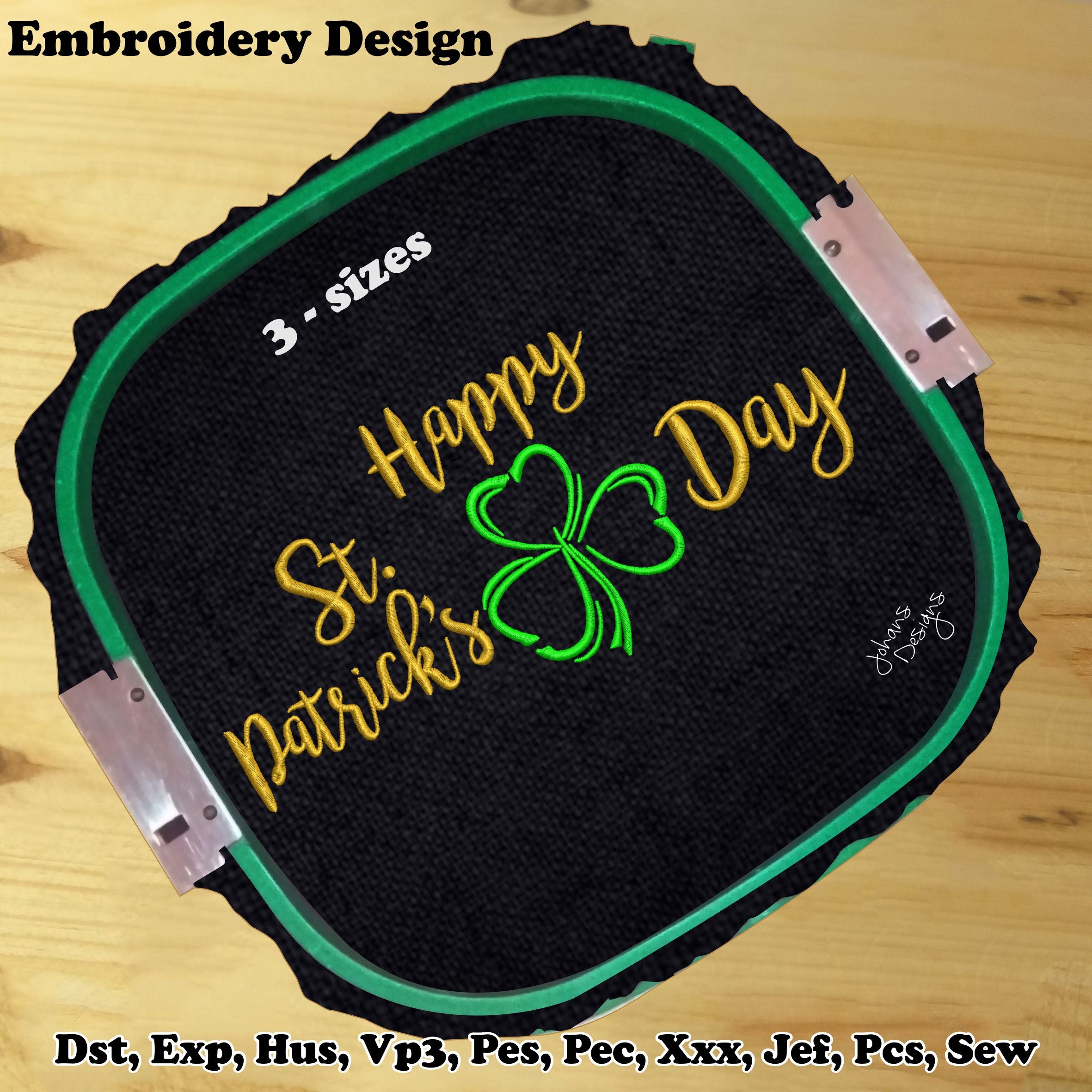 Happy Saint Patrick's Day Text, with Green Clover in Silhouettes - Machine Embroidery Design