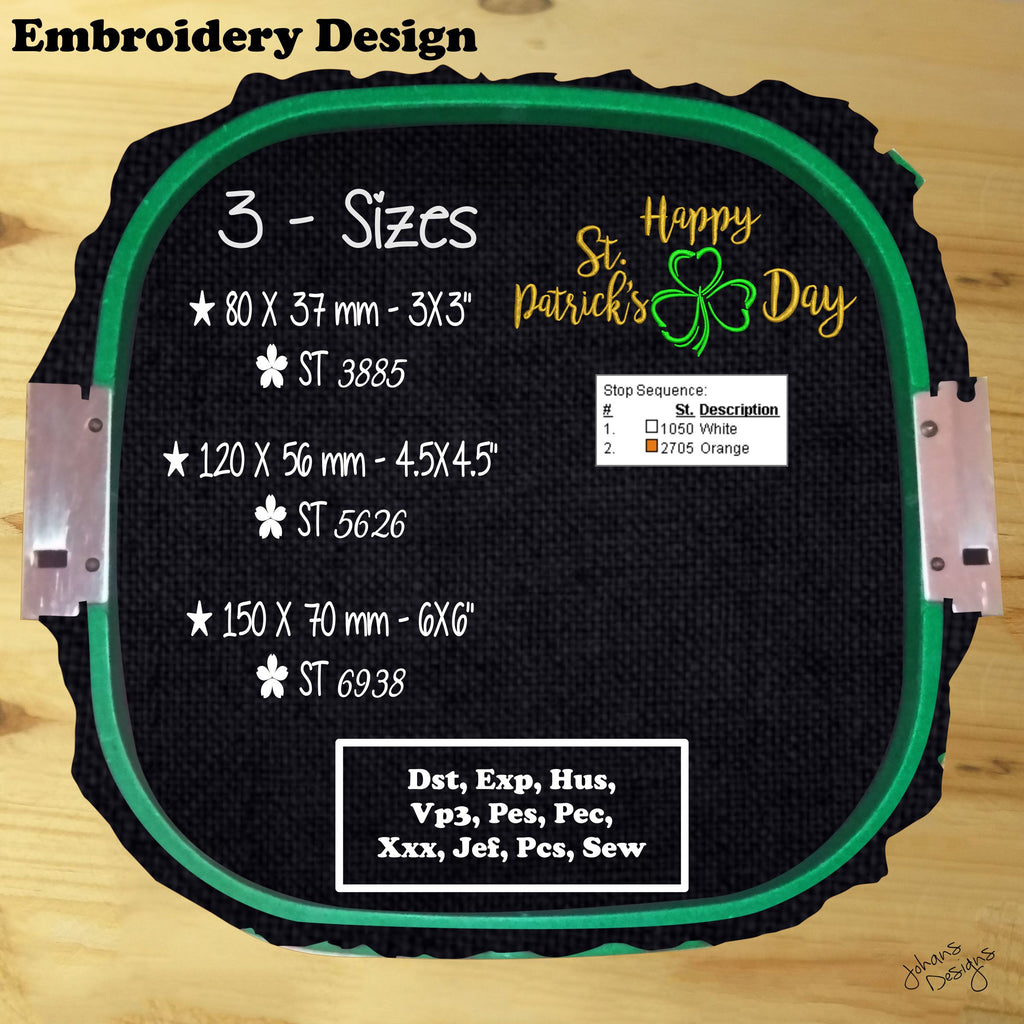 Happy Saint Patrick's Day Text, with Green Clover in Silhouettes - Machine Embroidery Design