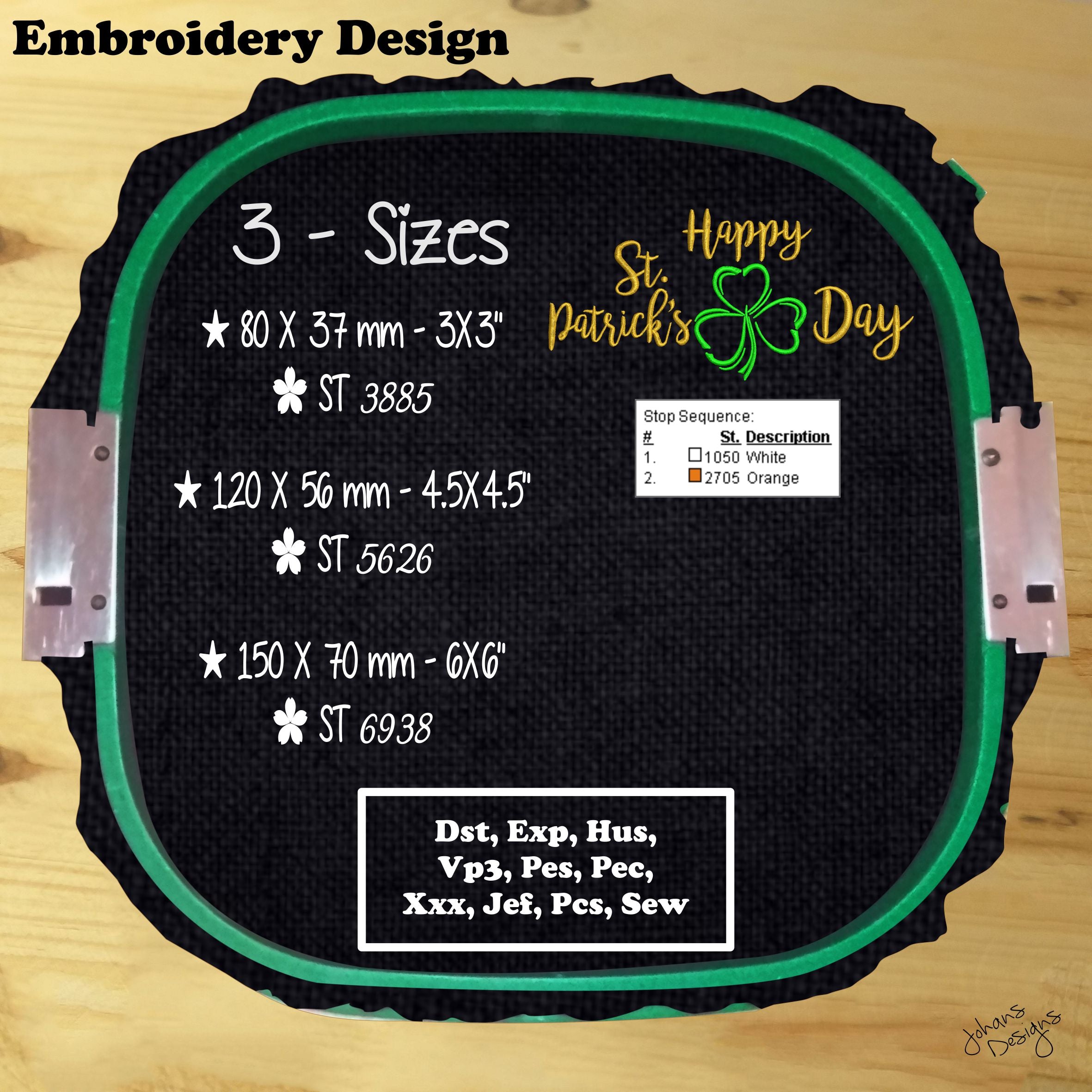Happy Saint Patrick's Day Text, with Green Clover in Silhouettes - Machine Embroidery Design
