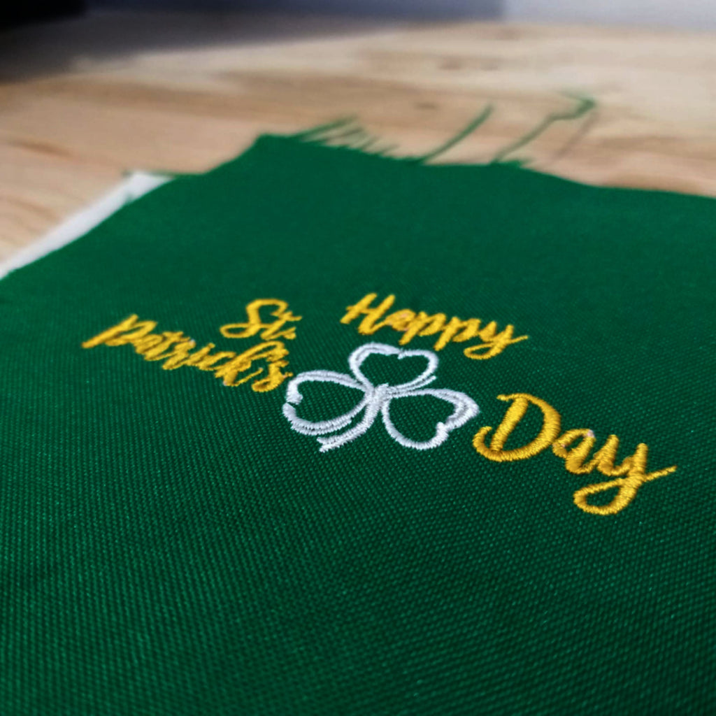 Happy Saint Patrick's Day Text, with Green Clover in Silhouettes - Machine Embroidery Design