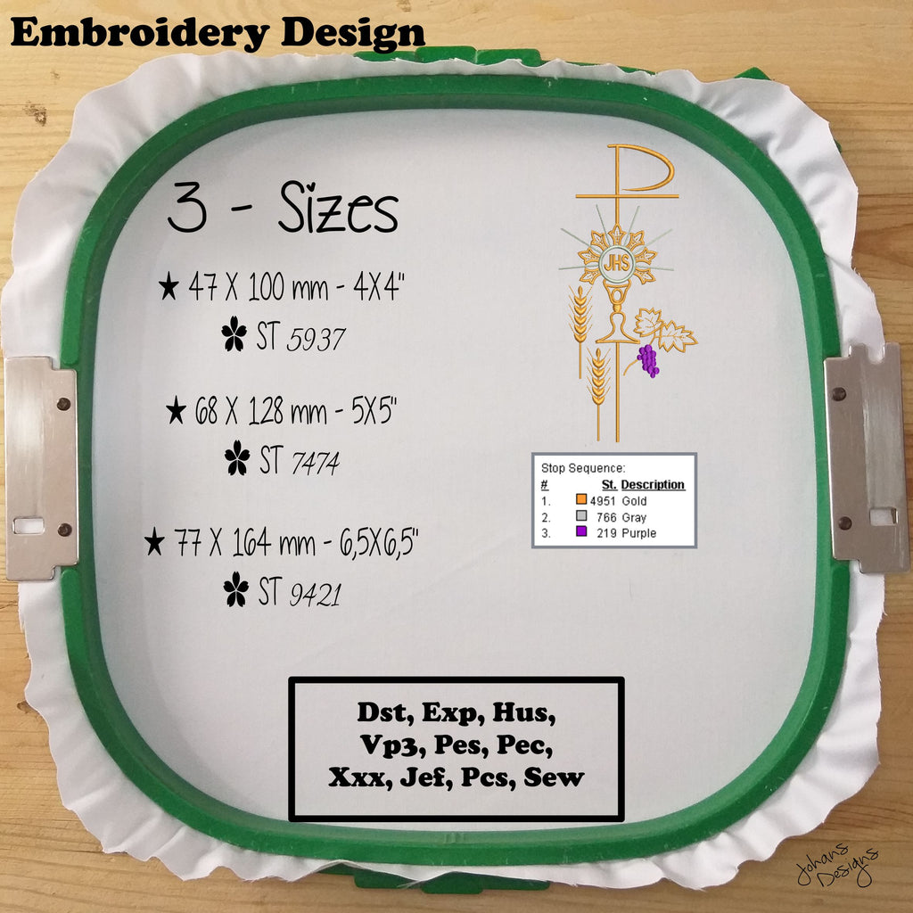 Cáliz religioso con espigas de trigo y uvas - Diseño de bordado