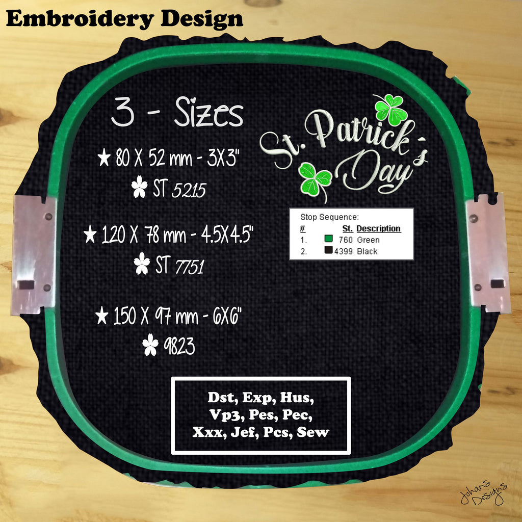 Saint Patrick's Day in Text, with Green Clovers - Machine Embroidery Designs