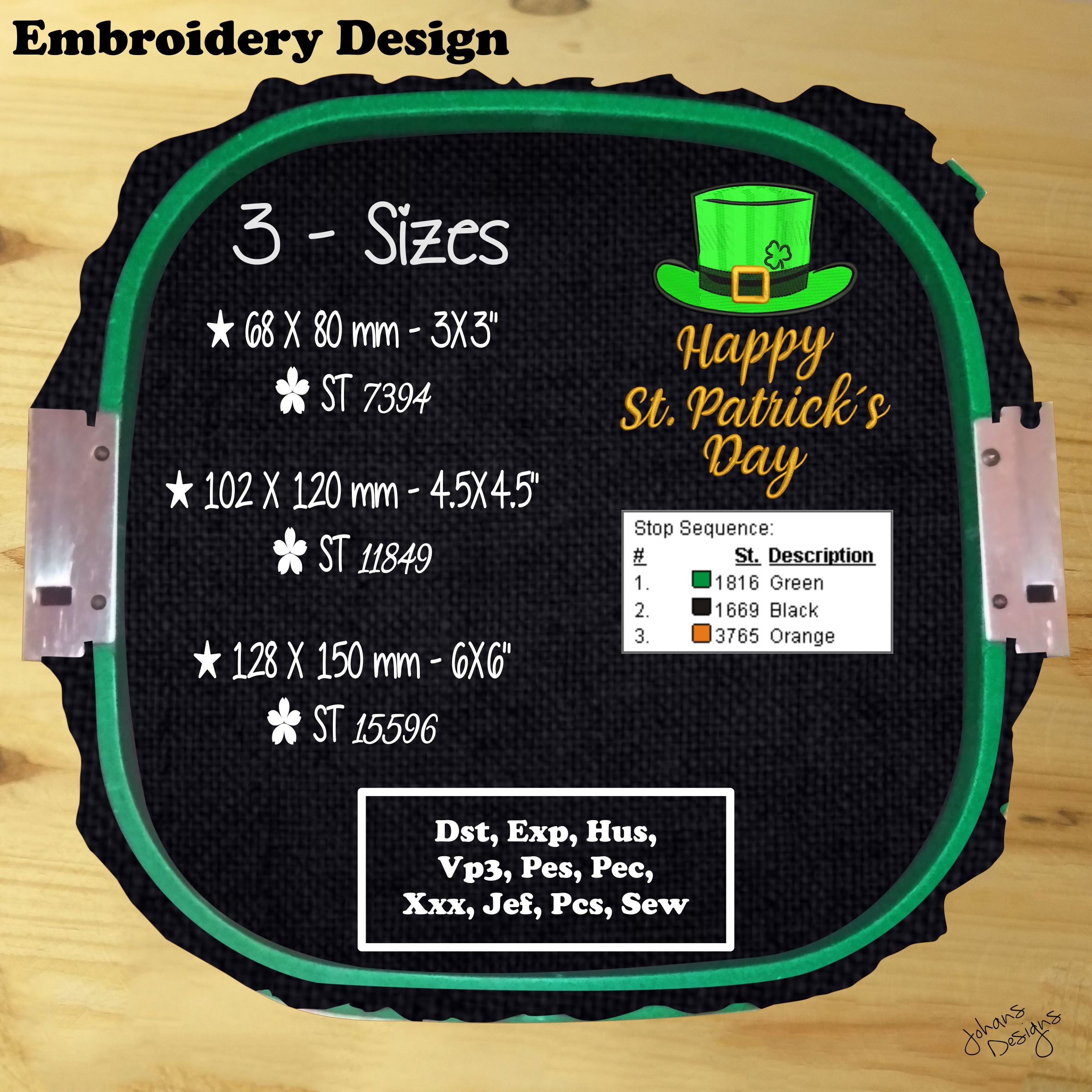 Green Top Hat and a Clover - Text Happy Saint Patrick's Day - Machine Embroidery Design