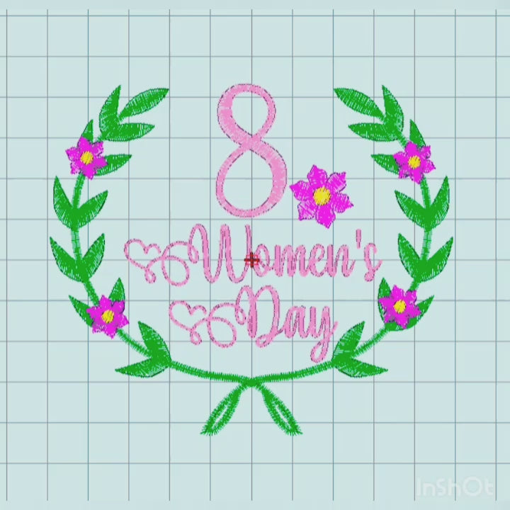 Diseño de bordado a máquina Día de la Mujer con un ocho y flores magenta