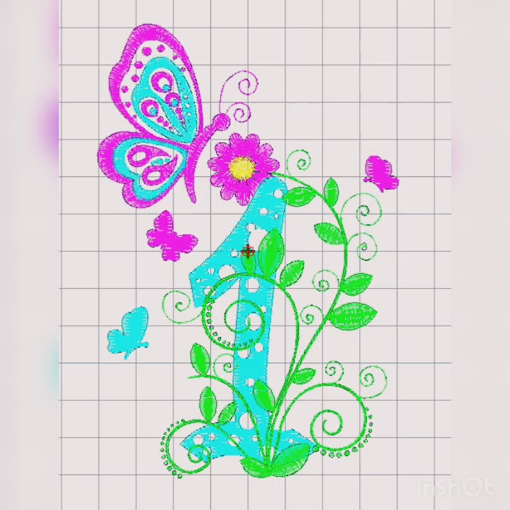 Number One Decorated with Branches Flowers and Butterflies - Machine Embroidery Design