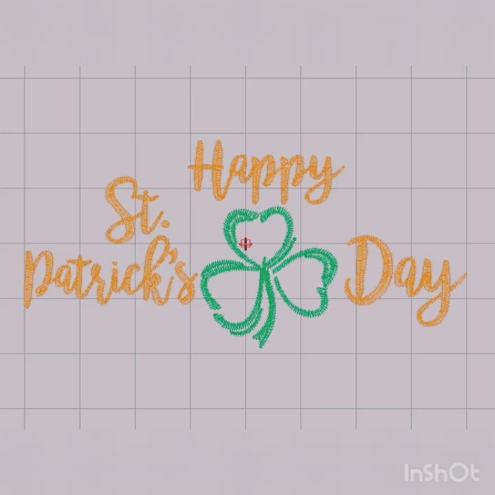 Happy Saint Patrick's Day Text, with Green Clover in Silhouettes - Machine Embroidery Design